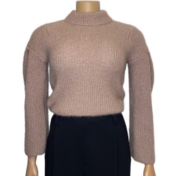 Romeo & Juliet Sweater ribbed Mock neck Puff shoulders beige size M - Picture 3 of 17